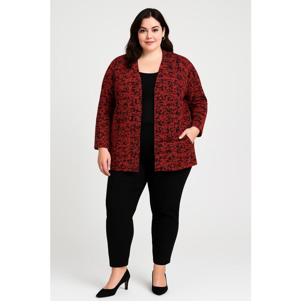 Chelsea & Theodore Red Black Open Front Knit Blazer Jacket 2X